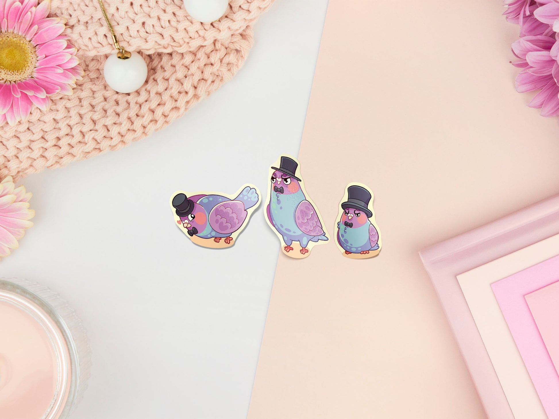 Large sticker sheet of digital illustrated cartoon pigeons wearing top hats and bow ties in various poses and expressions