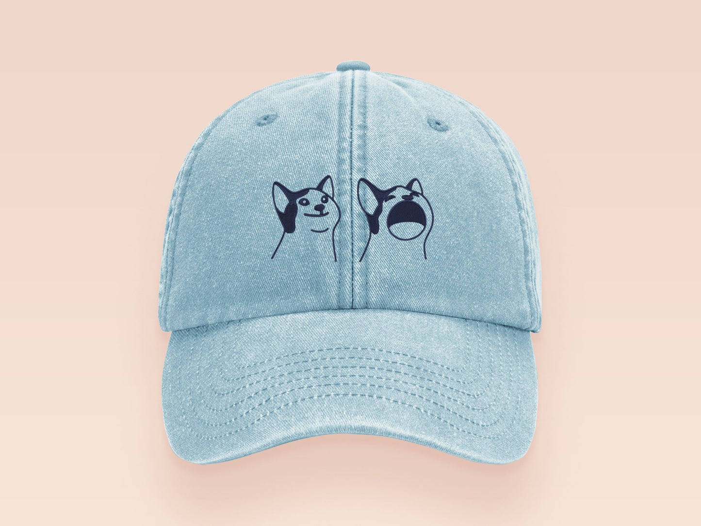 A blue baseball cap hat with an embroidered cute blue Popcat meme cat design.