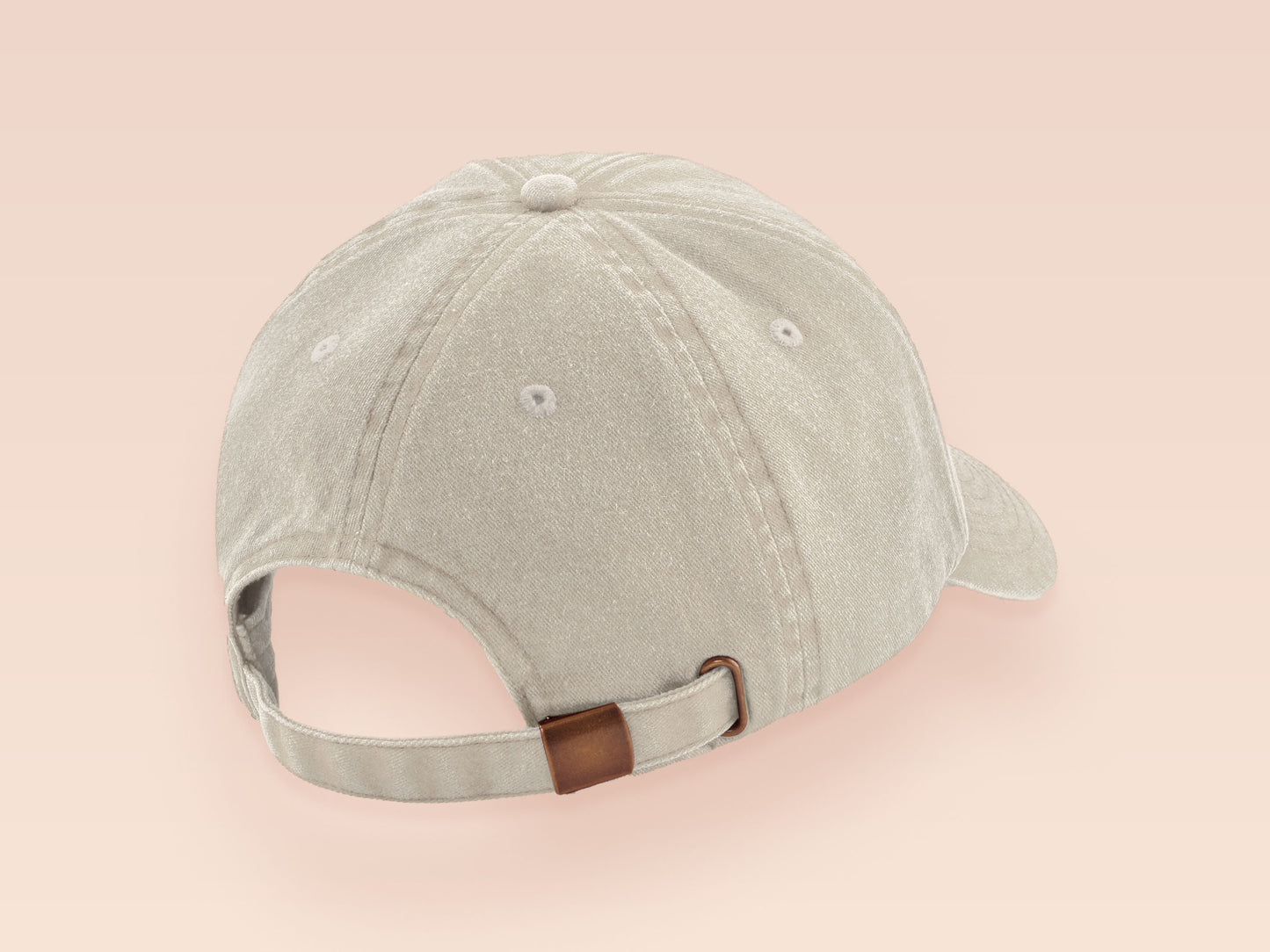 A cream baseball cap hat with an embroidered cute brown Popcat meme cat design.