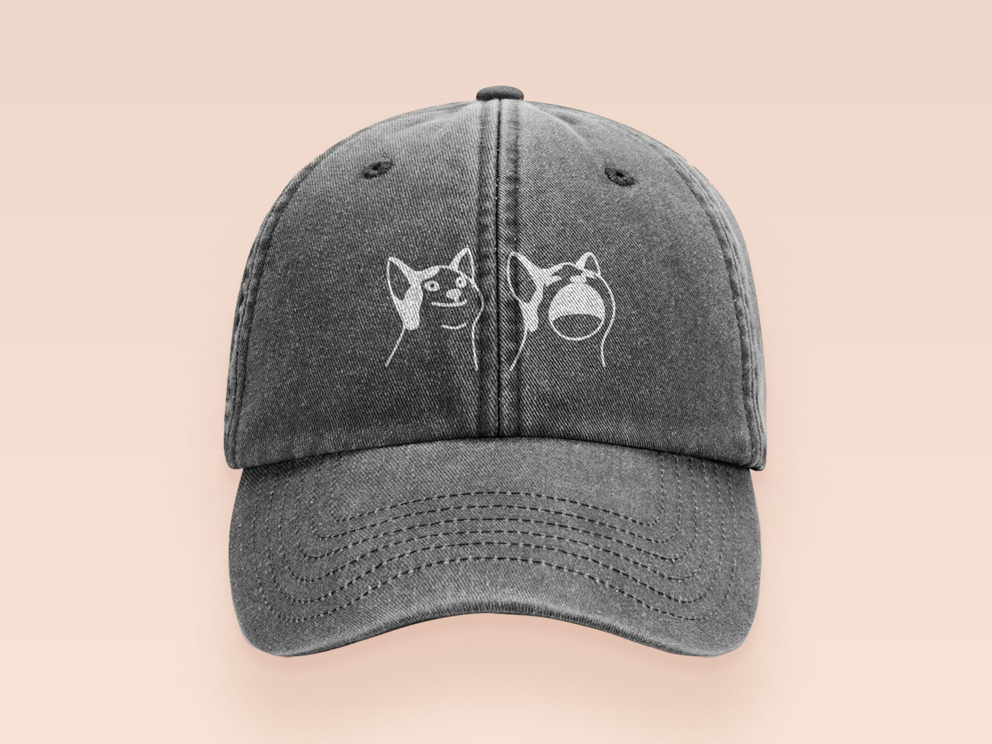 A dark grey baseball cap hat with an embroidered cute white Popcat meme cat design.