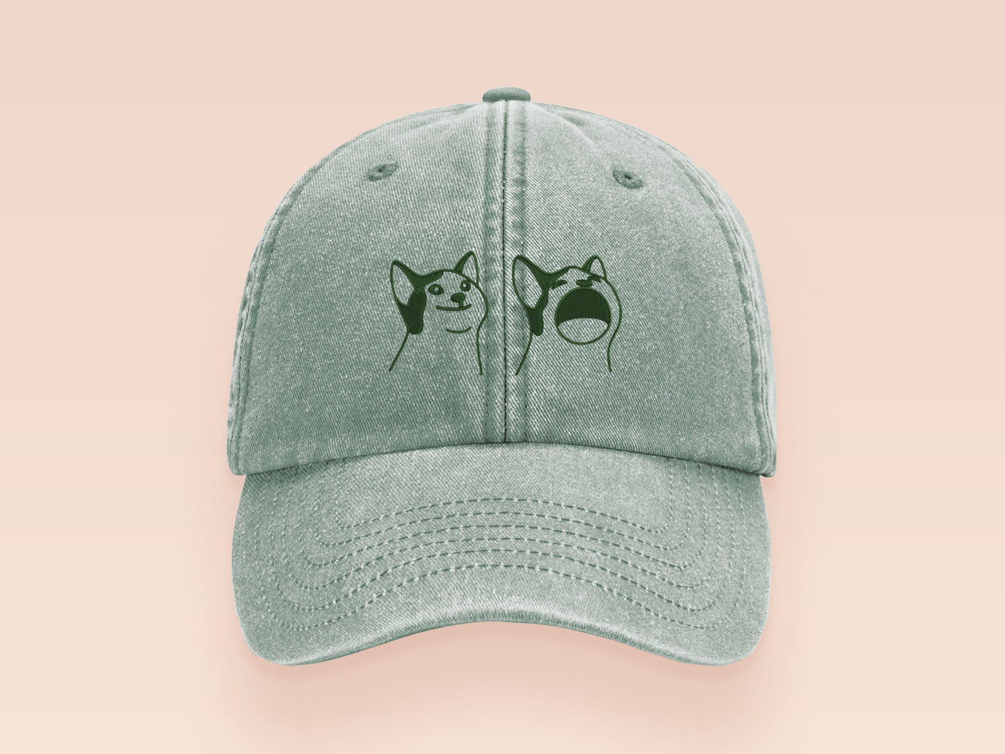 A green baseball cap hat with an embroidered cute green Popcat meme cat design.