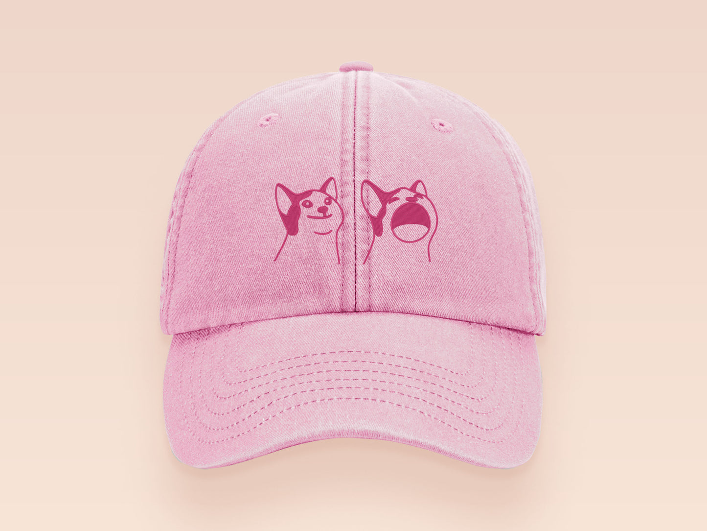 A pink baseball cap hat with an embroidered cute pink Popcat meme cat design.