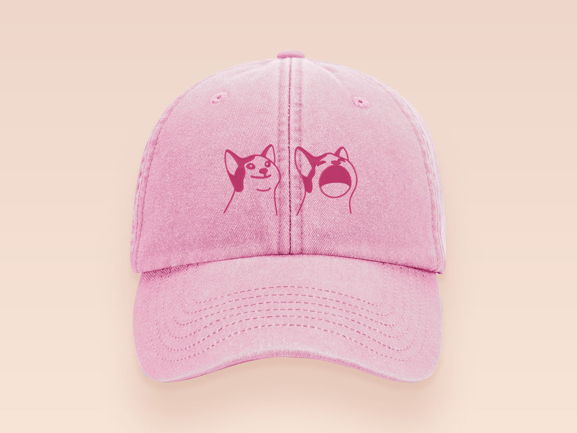 A pink baseball cap hat with an embroidered cute pink Popcat meme cat design.