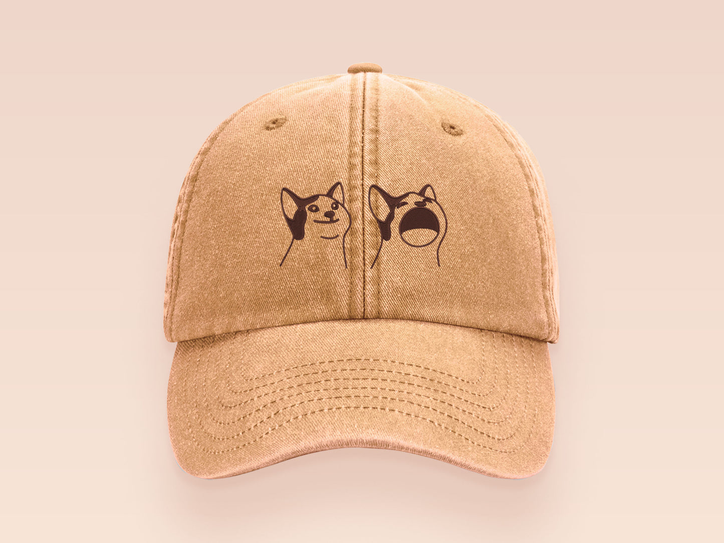 A yellow baseball cap hat with an embroidered cute brown Popcat meme cat design.
