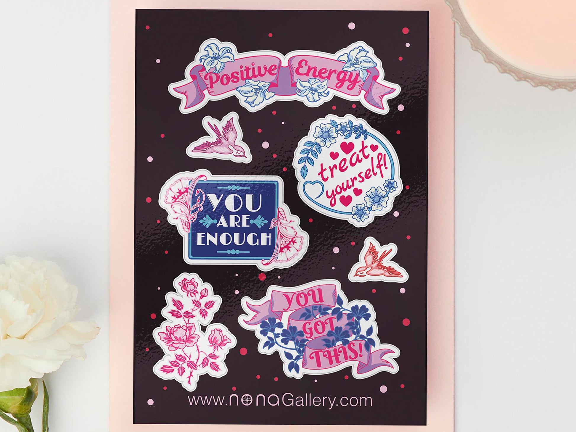 Large sticker sheet of digital illustration cartoons of various cute positive energy mental health themed quotes and patterns with birds and flowers