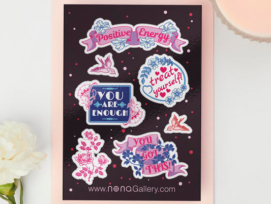 Large sticker sheet of digital illustration cartoons of various cute positive energy mental health themed quotes and patterns with birds and flowers