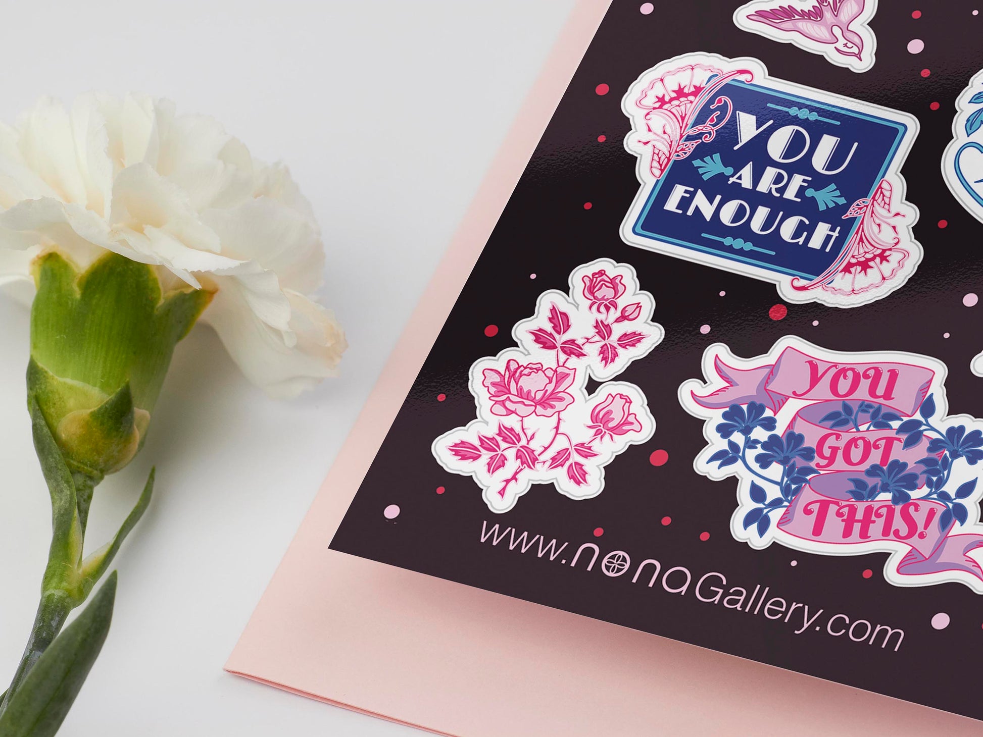 Large sticker sheet of digital illustration cartoons of various cute positive energy mental health themed quotes and patterns with birds and flowers
