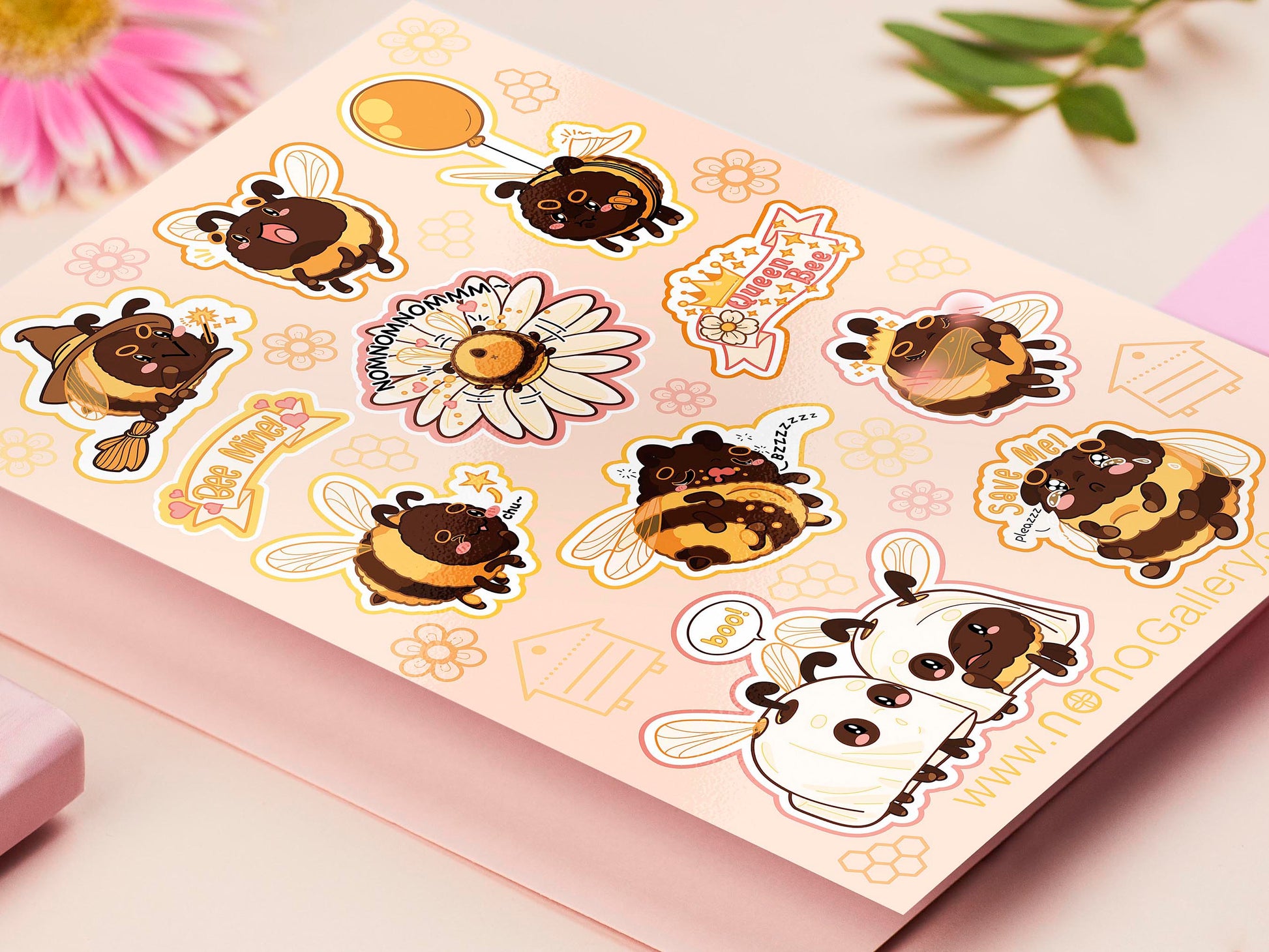 Large sticker sheet of digital illustrated cartoon bees in various poses and expressions