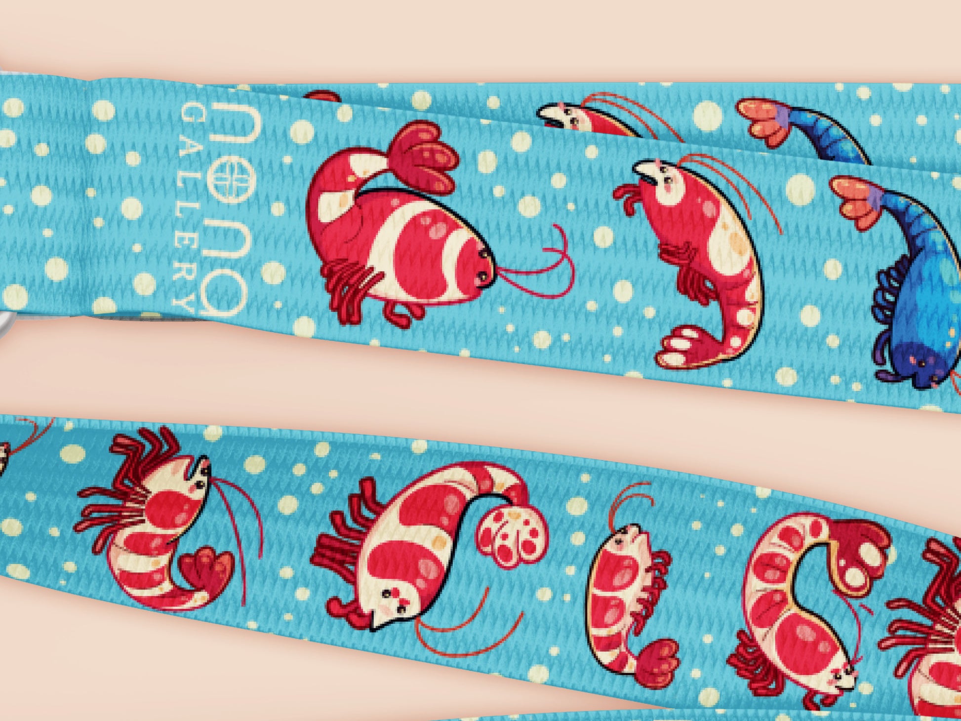 Cute full legth blue lanyard with a double sided prawn shrimp pattern and silver swivel hook clasp.