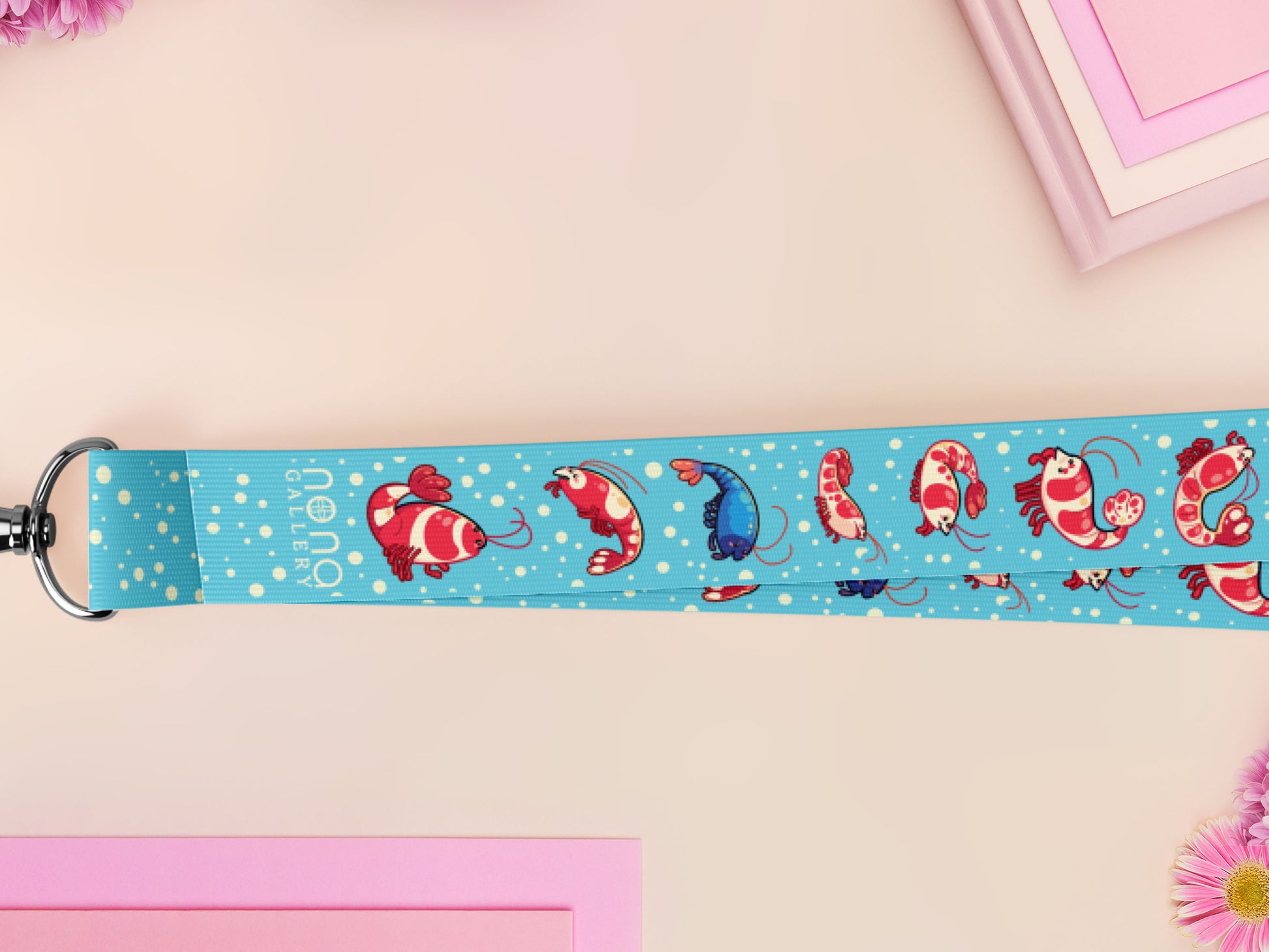 Cute full legth blue lanyard with a double sided prawn shrimp pattern and silver swivel hook clasp.
