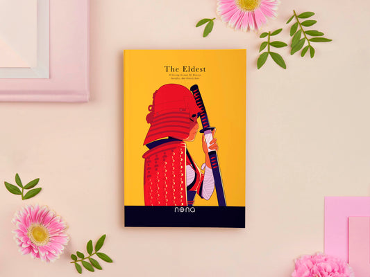 Book with a cartoon illustration of a female in samurai  armour holding katana, with the title the Eldest