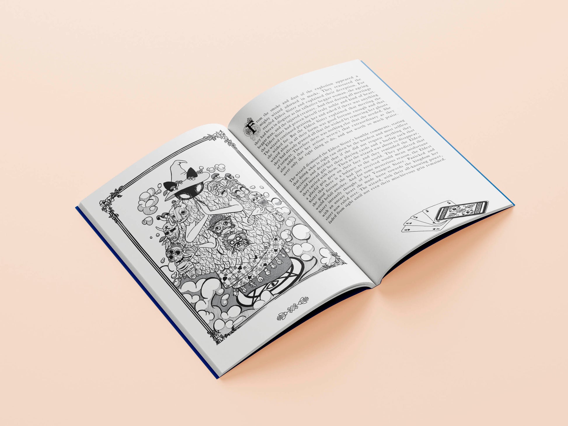 Interior page of story book with text and a black and white illustration of a cat faced wizard with multiple arms surrounded by smoke