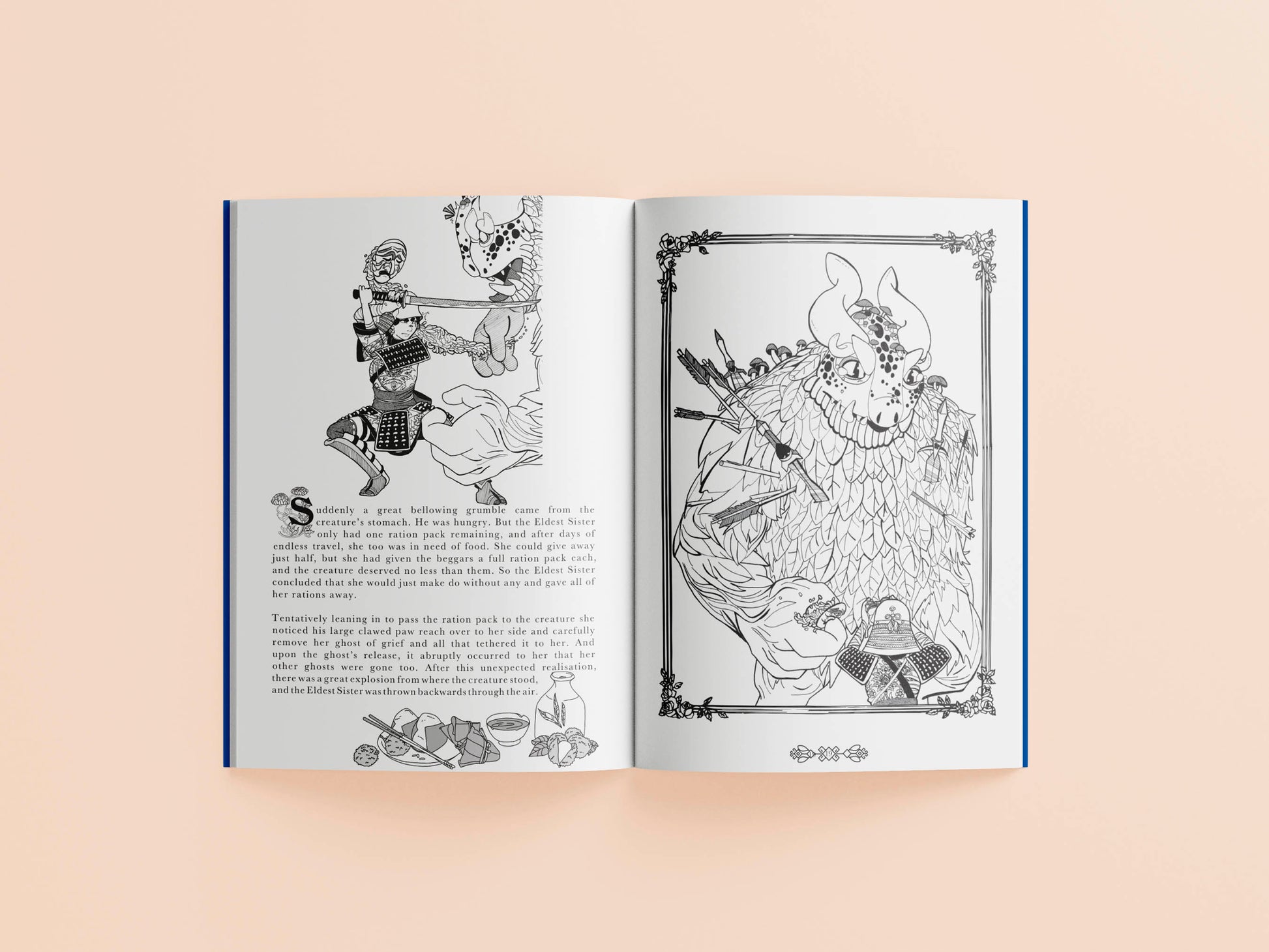 Interior pages of story book showing text and a female samurai attacking a large troll like monster