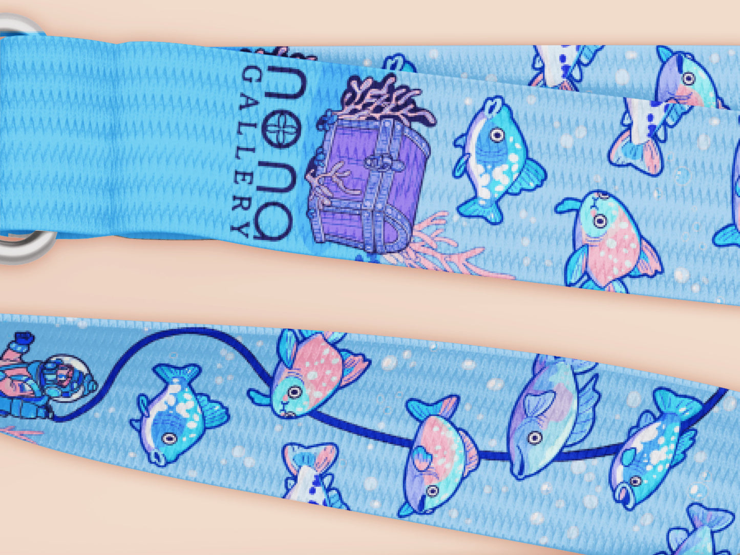 Cute full legth blue lanyard with a double sided underwater fish pattern and silver swivel hook clasp.