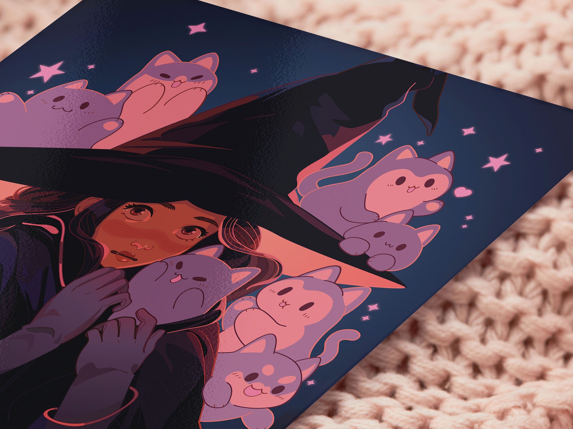 Square art print of a young witch wearing a large glowing witch's hat surrounded by nine cute chibi ghost cats.