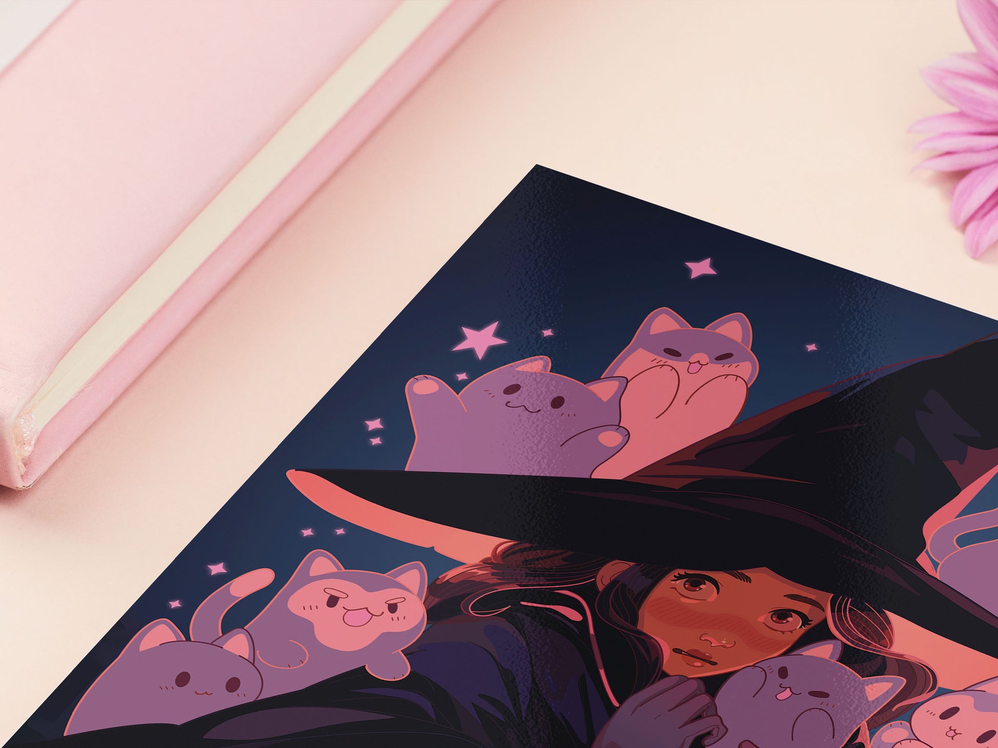 Square art print of a young witch wearing a large glowing witch's hat surrounded by nine cute chibi ghost cats.