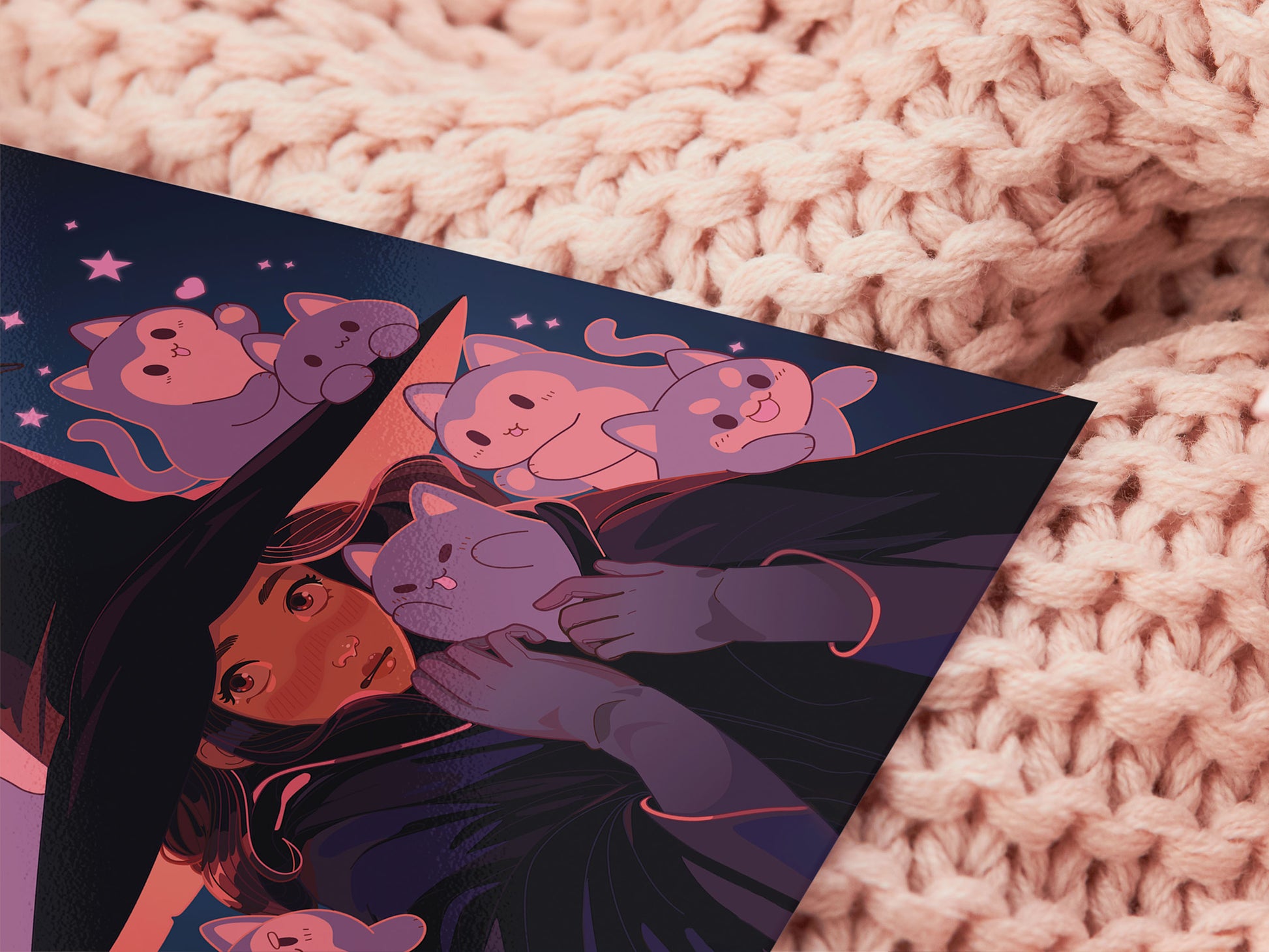 Square art print of a young witch wearing a large glowing witch's hat surrounded by nine cute chibi ghost cats.