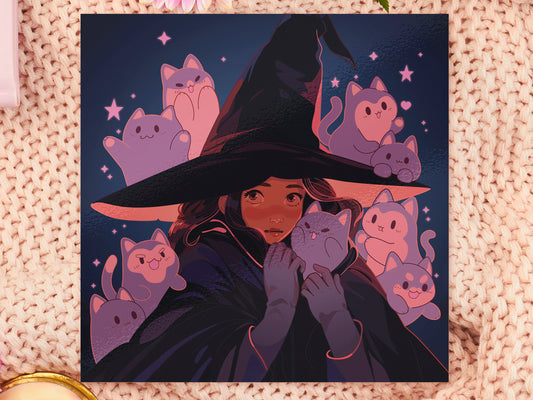 Square art print of a young witch wearing a large glowing witch's hat surrounded by nine cute chibi ghost cats.
