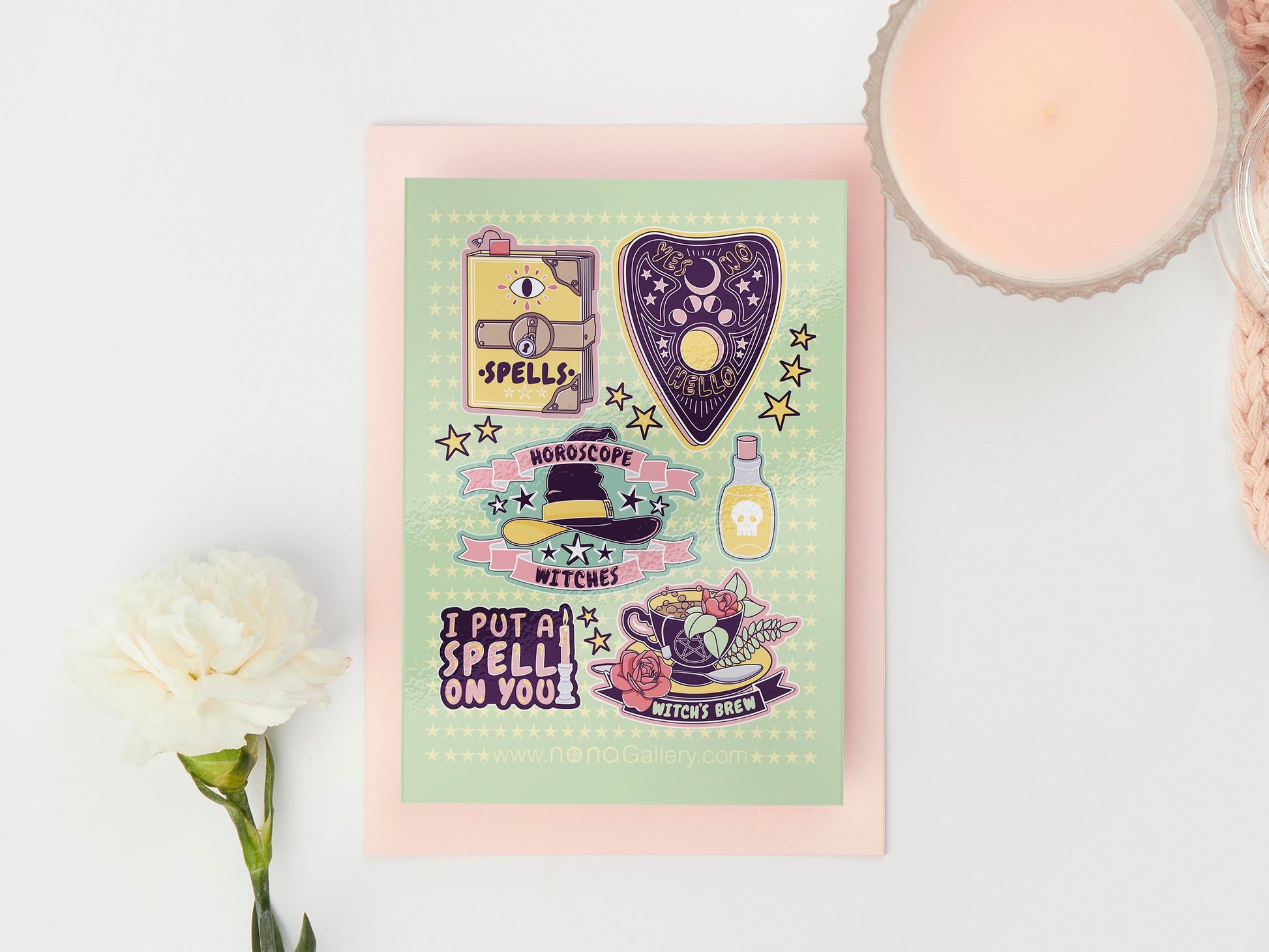 Large sticker sheet of digital illustration cartoons witchcraft quotes and items, such as a spell book, Ouija planchette, witch's hat, potions, spells and witch's brew