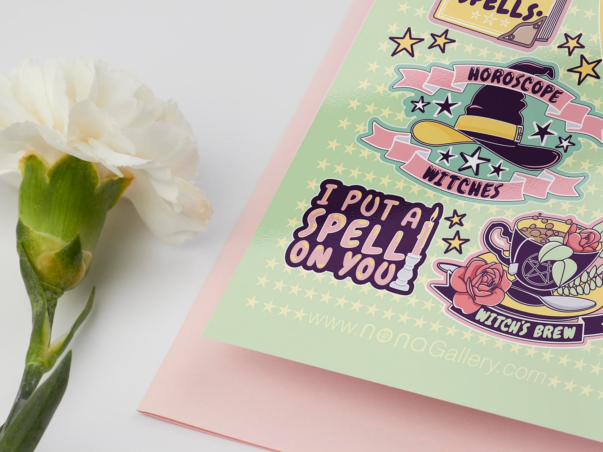 Large sticker sheet of digital illustration cartoons witchcraft quotes and items, such as a spell book, Ouija planchette, witch's hat, potions, spells and witch's brew