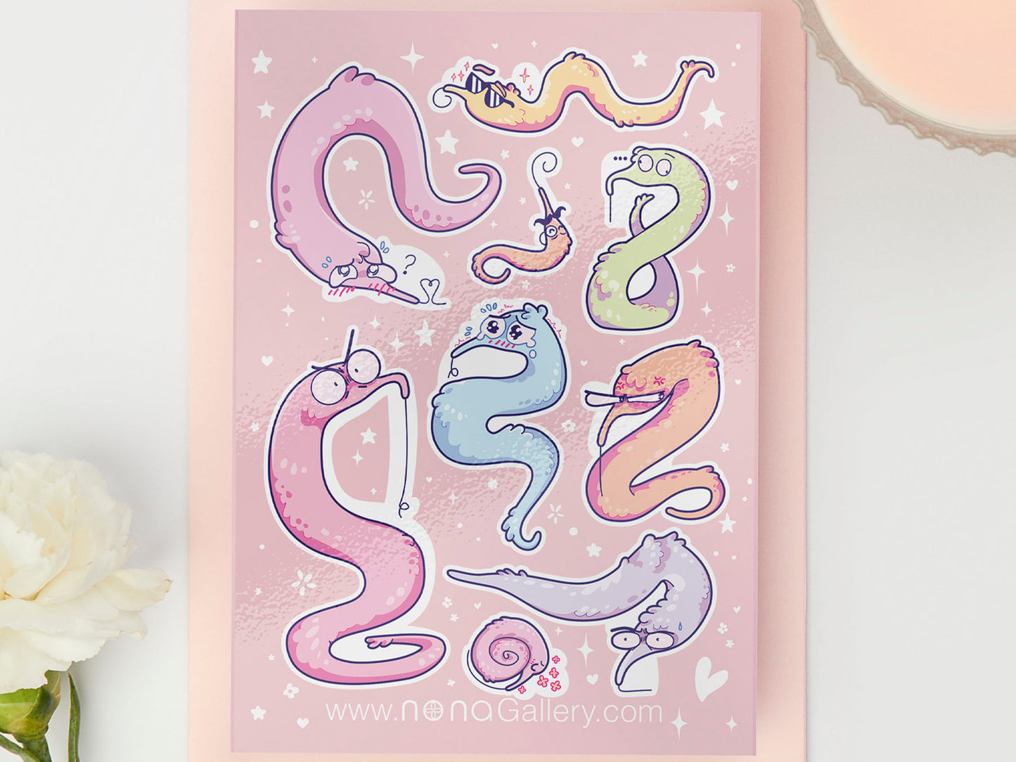 Gloss vinyl pastel stickers sheet with multiple worm on a string toys with cute funny expressions