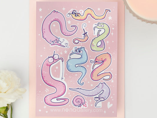 Gloss vinyl pastel stickers sheet with multiple worm on a string toys with cute funny expressions