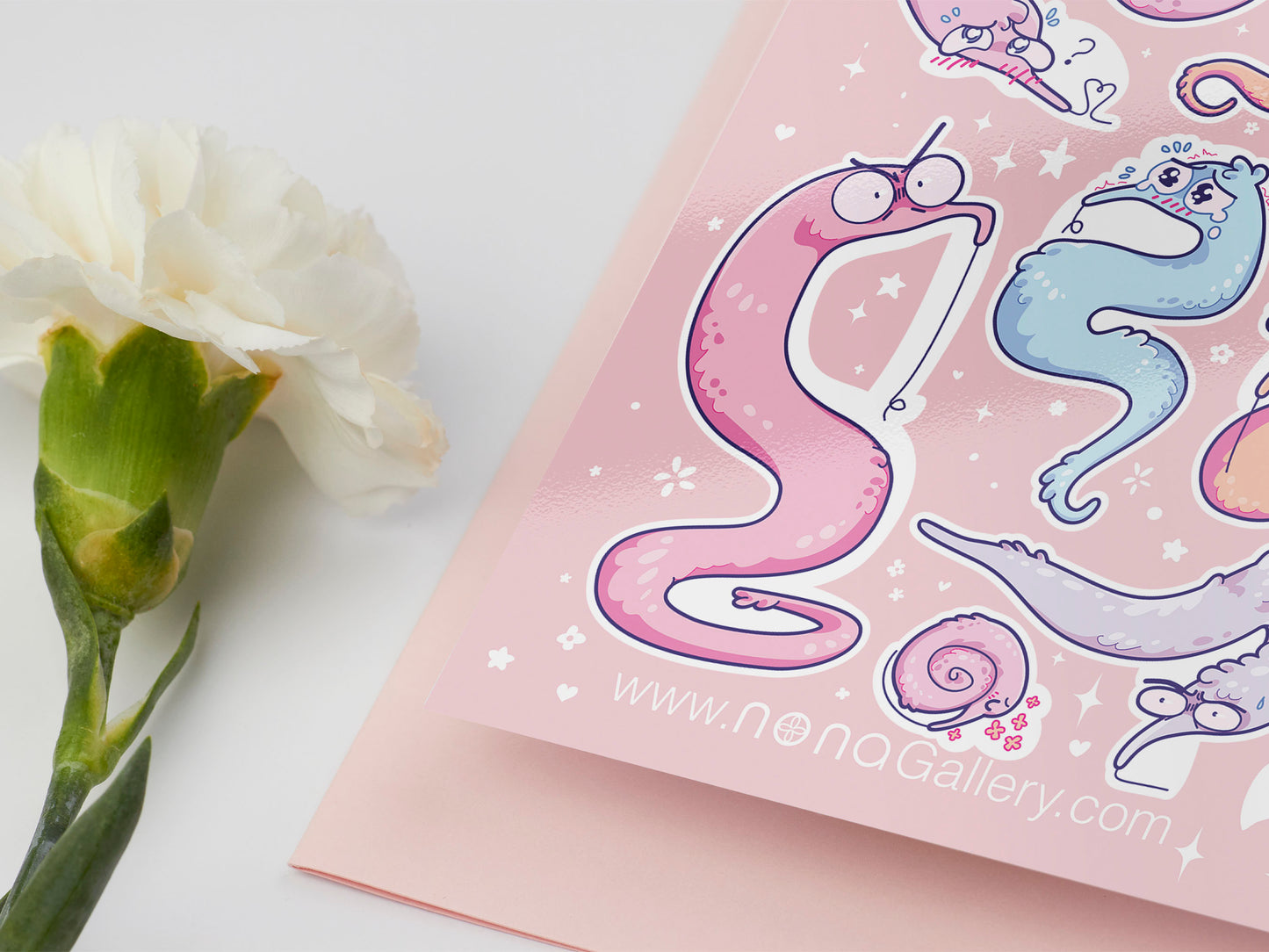 Gloss vinyl pastel stickers sheet with multiple worm on a string toys with cute funny expressions