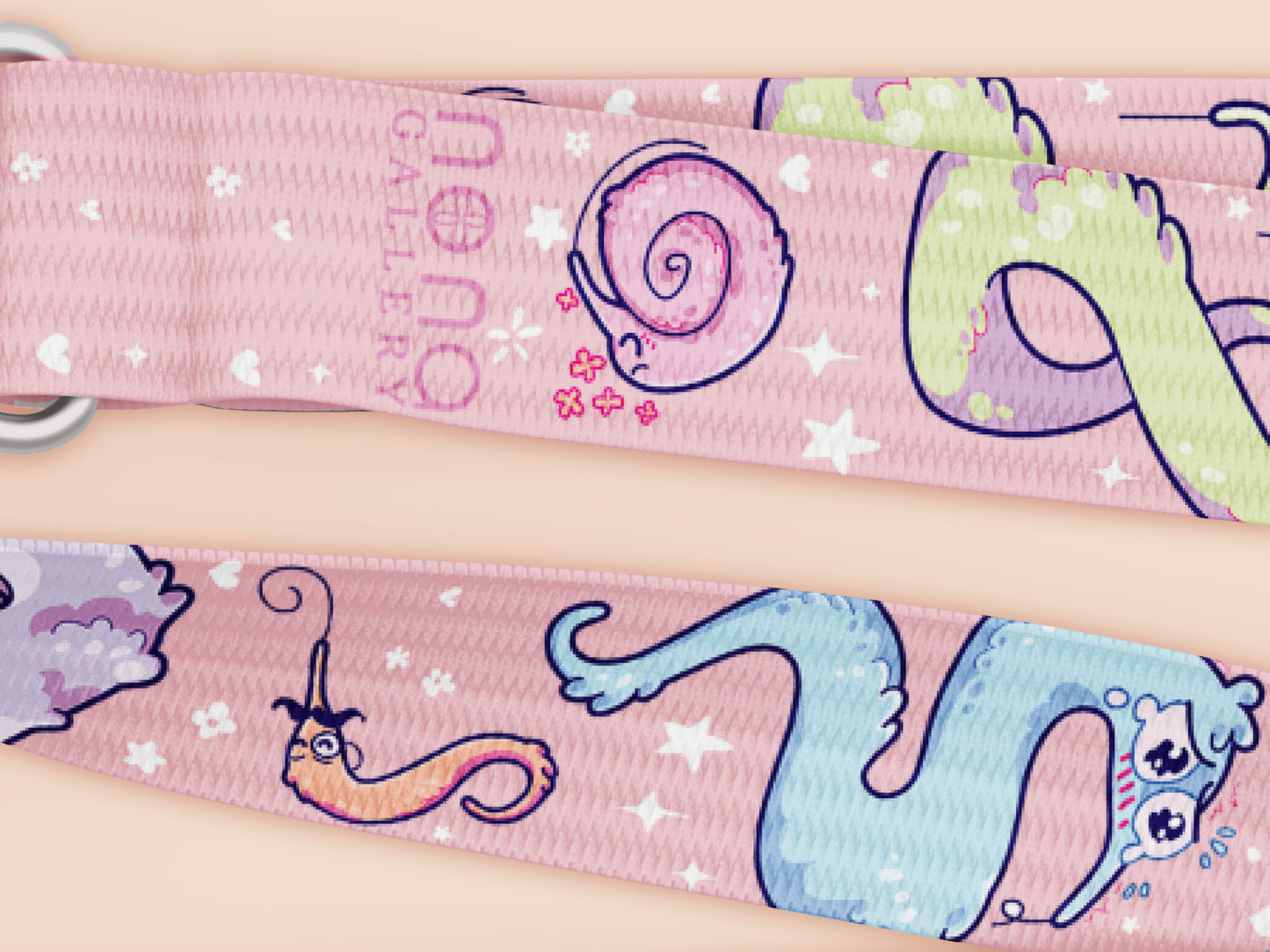 Cute full legth pink lanyard with a double sided funny worm on a string pattern and silver swivel hook clasp.
