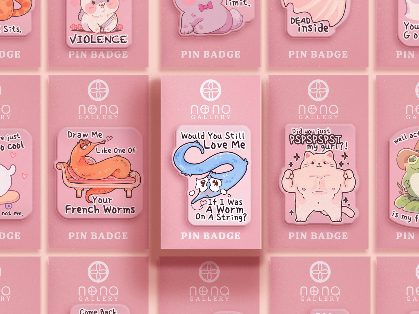 A clear acrylic pin badge with a pink heart-shaped rubber pin back clasp. The pin badge has a design of a cute blue crying worm on a string with the quote would you still love me if I was a worm on a string?