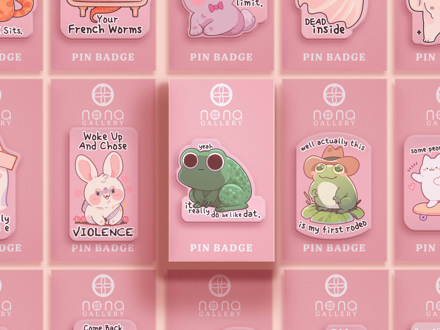 Clear acrylic pin badge with a pink heart-shaped rubber pin back clasp. The design of the pin badge is a cute cartoon stressed frog with the quote yeah it really do be like dat.