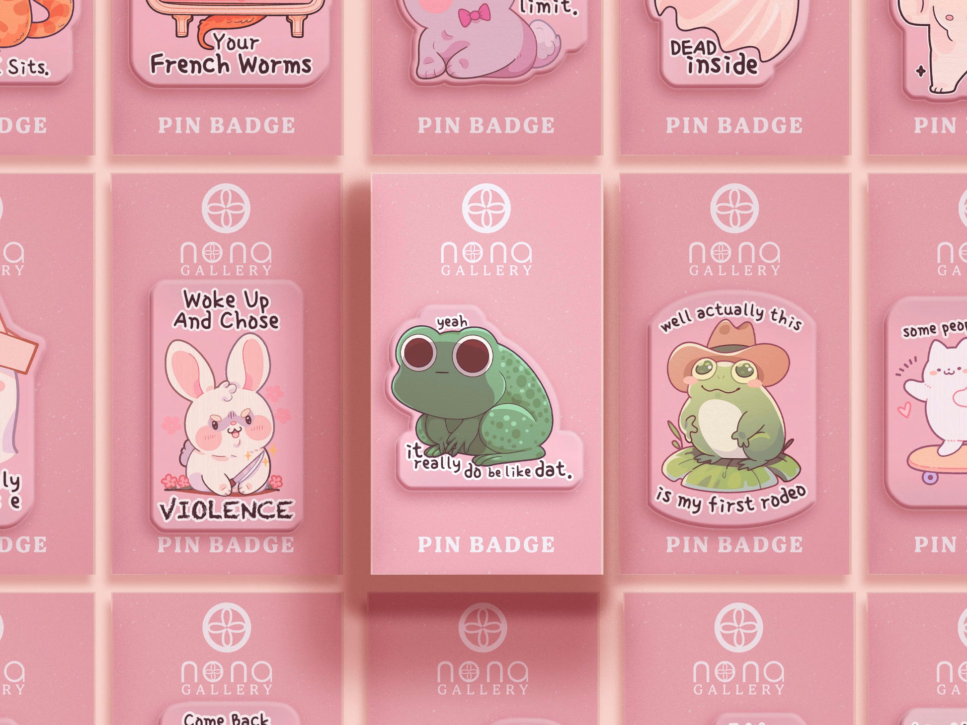 Clear acrylic pin badge with a pink heart-shaped rubber pin back clasp. The design of the pin badge is a cute cartoon stressed frog with the quote yeah it really do be like dat.