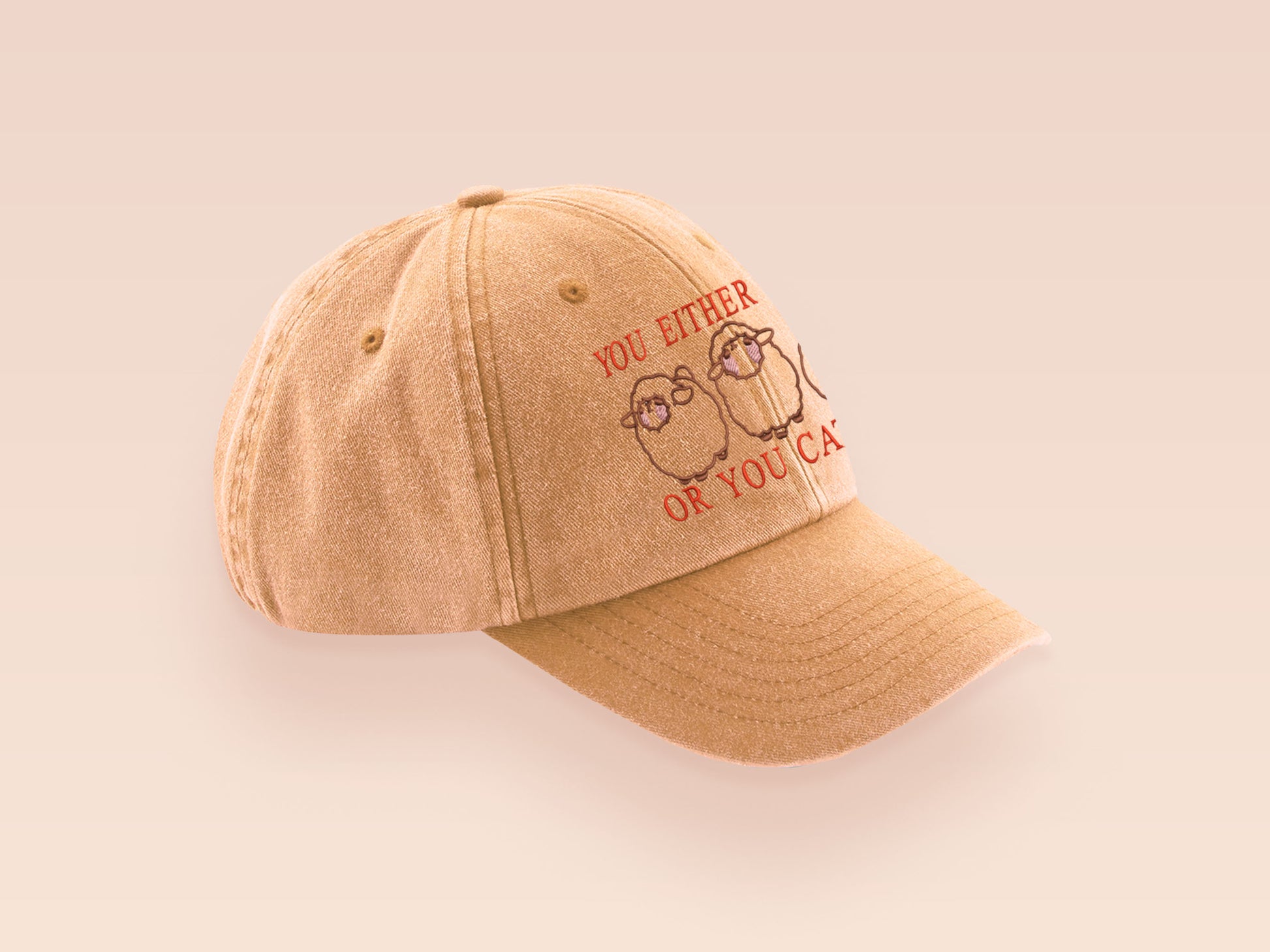A vintage yellow baseball cap hat with an embroidered cute chibi sheep with the quote you either catan or you catan't