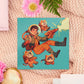 Square art print depicting a young astronaut firing a ray gun, while three adorable cats in spacesuits react.