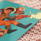Square art print depicting a young astronaut firing a ray gun, while three adorable cats in spacesuits react.