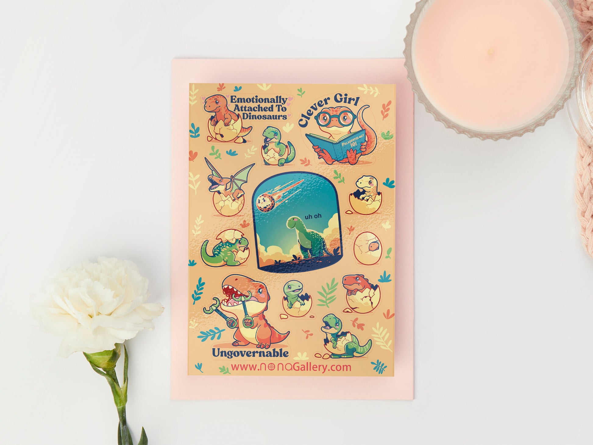 Cute gloss vinyl waterproof sticker sheet of multiple cute chibi baby dinosaurs with multiple relatable and funny quotes