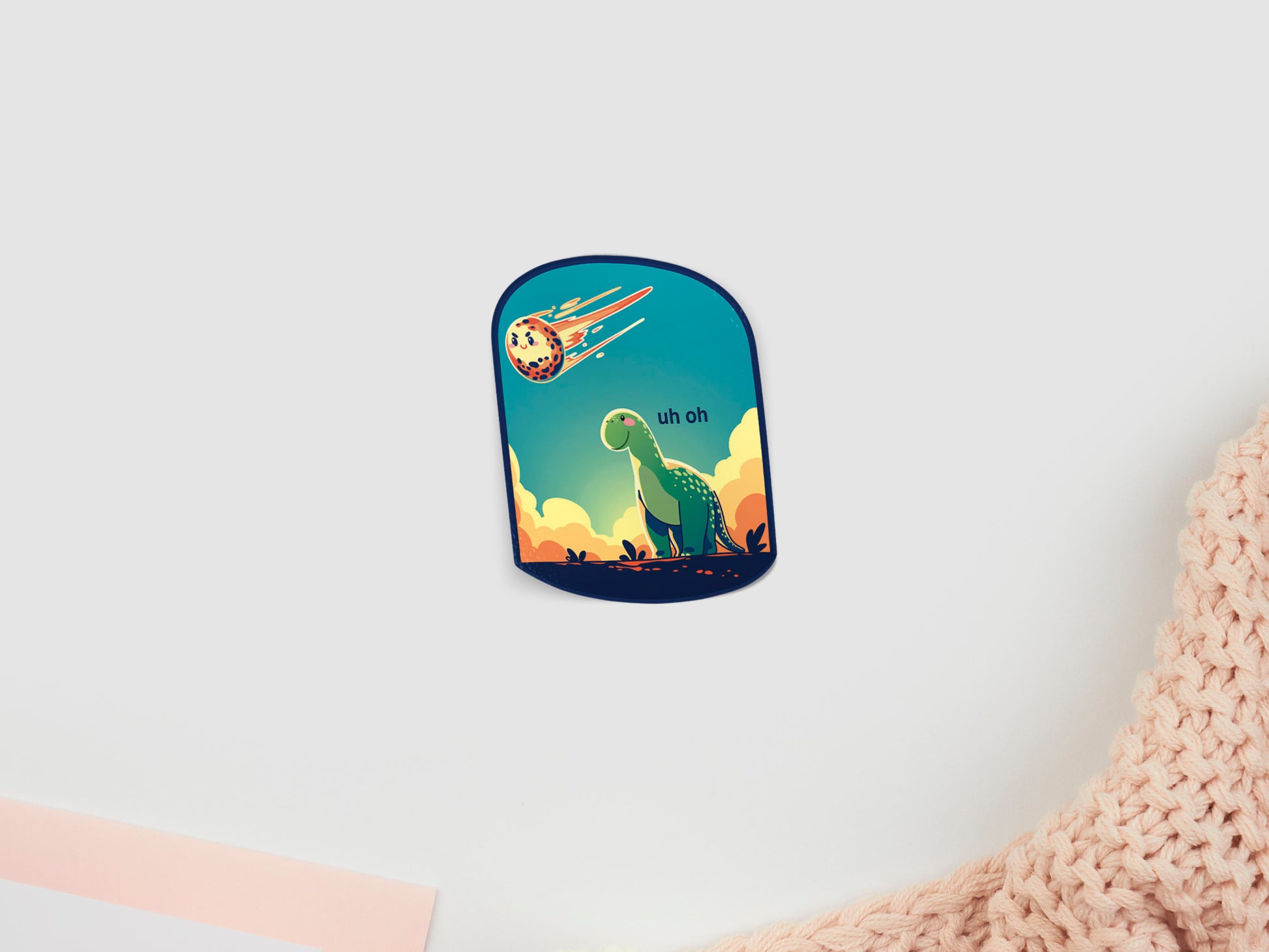 Sticker with a dinosaur and meteor design with the quote uh oh