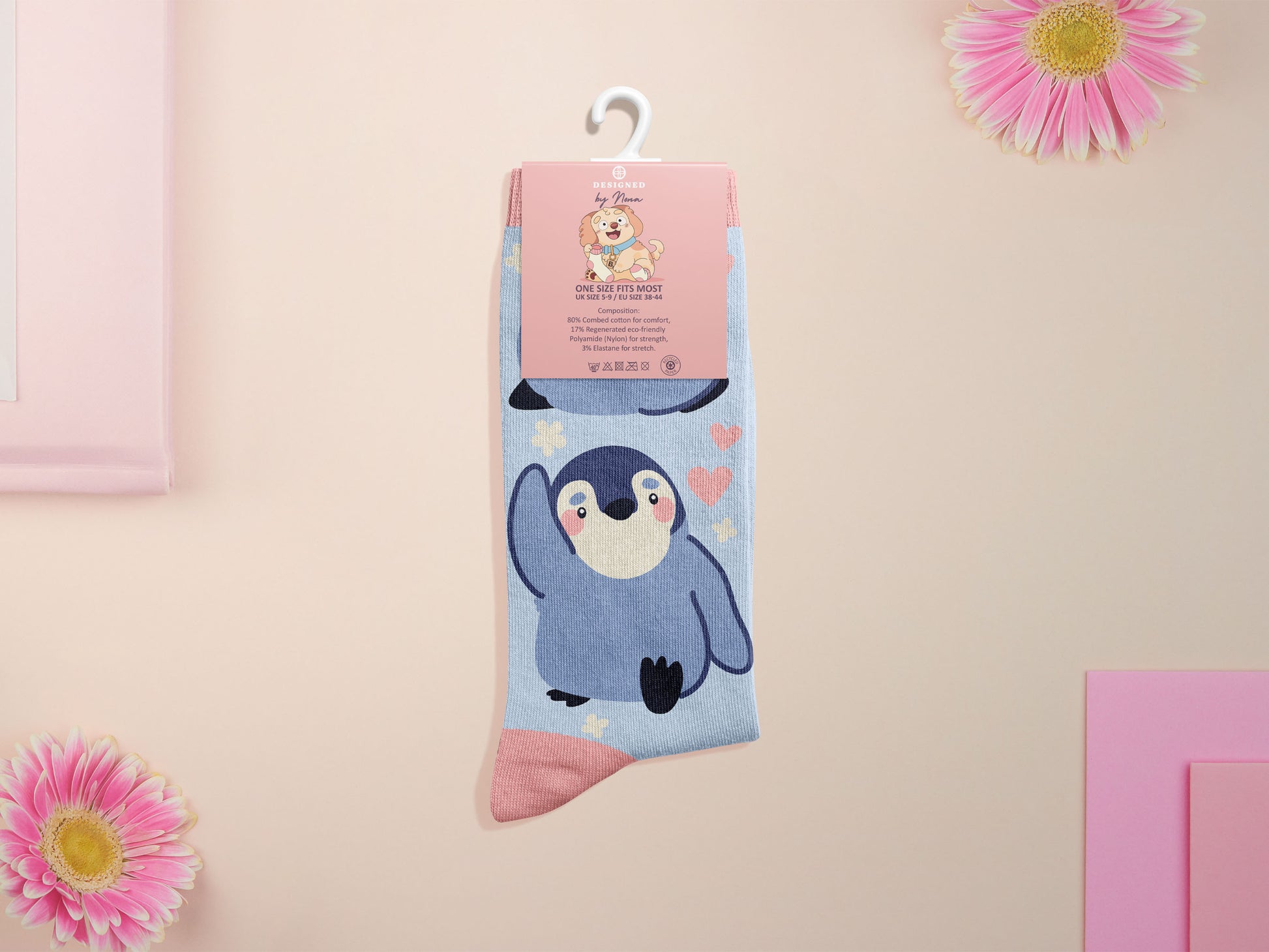 Cute knitted cotton crew socks with a cute baby emperor penguin design.