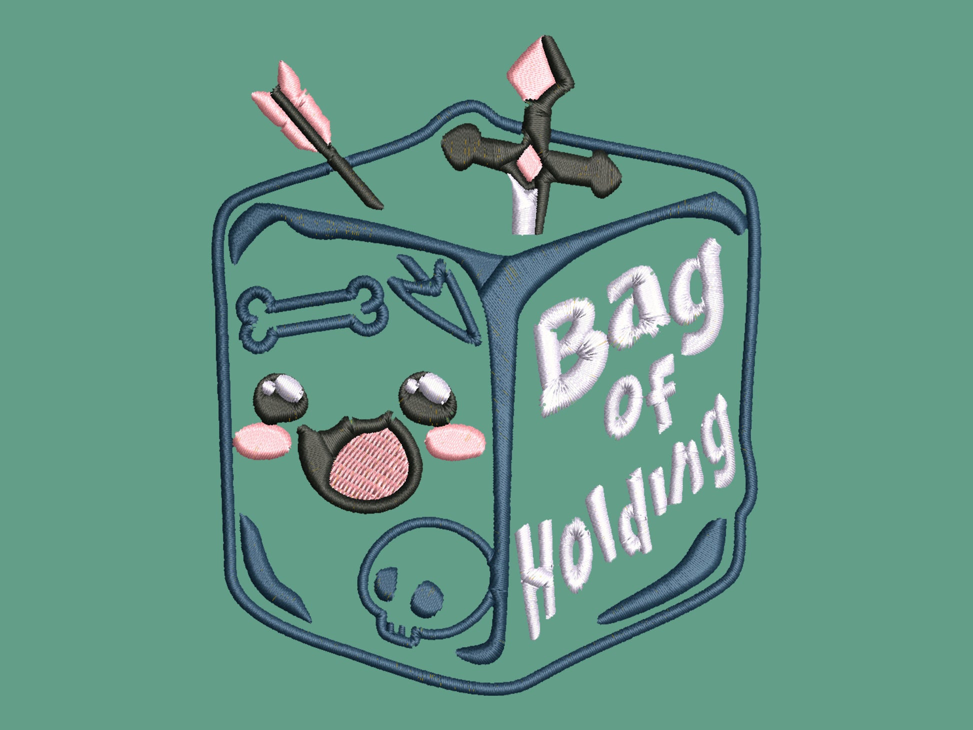 Green roll top twin handle backpack with an embroided design of cute gelatinous cube DND monster and the quote Bag of Holding