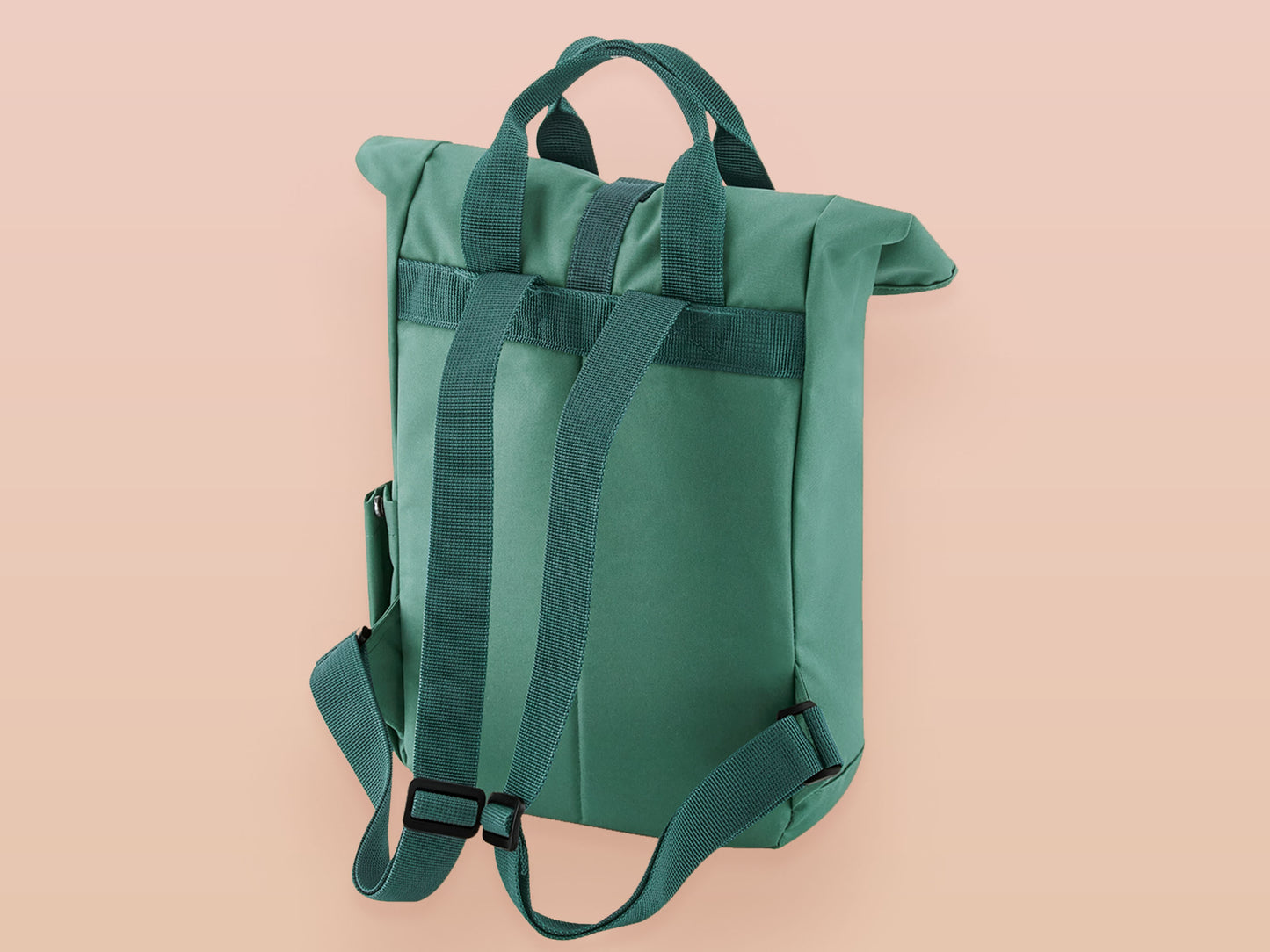 Green roll top twin handle backpack with an embroided design of cute space alien cat floating in the stars and the quote beam me up I want to leave!