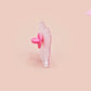 A cute transparent acrylic pin badge with a pink heart-shaped rubber clasp pin back of a chibi bunny rabbit crying with the text Bestie I am at my limit