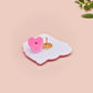 A cute transparent acrylic pin badge with a pink heart-shaped rubber clasp pin back of a chibi bunny rabbit crying with the text Bestie I am at my limit