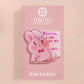 A cute transparent acrylic pin badge with a pink heart-shaped rubber clasp pin back of a chibi bunny rabbit crying with the text Bestie I am at my limit