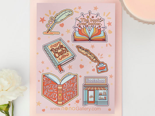 Large sticker sheet of digital illustration cartoon of books, bookshops, literature, writing, bookmarks, pen, and other assorted bookish and literature items