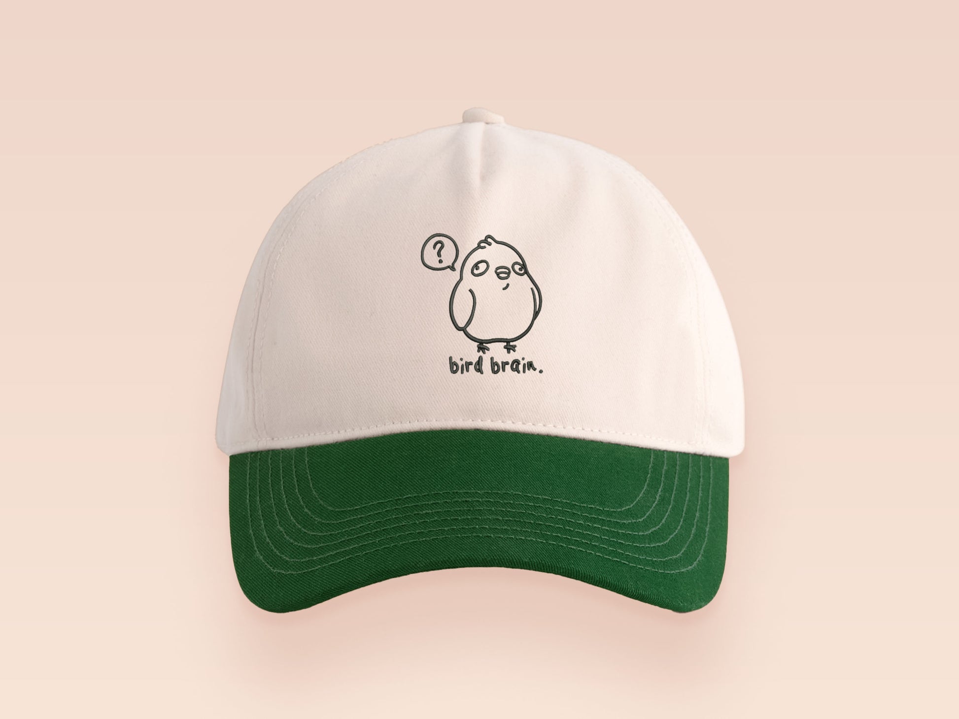 Vintage contrast cream and green peek baseball cap with an embroidered design of a cartoon bird and the quote bird brain.