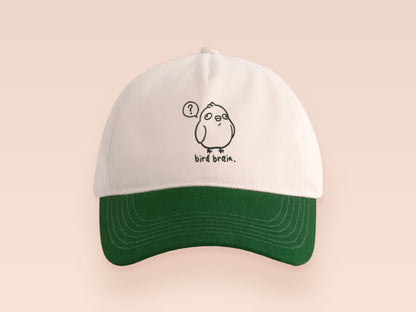 Vintage contrast cream and green peek baseball cap with an embroidered design of a cartoon bird and the quote bird brain.