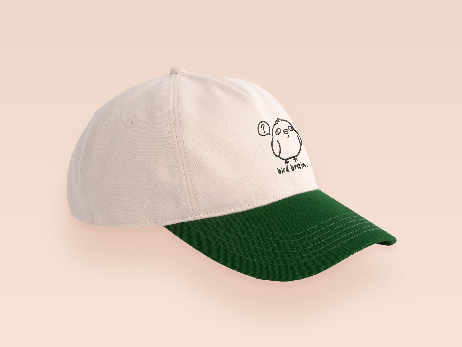 Vintage contrast cream and green peek baseball cap with an embroidered design of a cartoon bird and the quote bird brain.