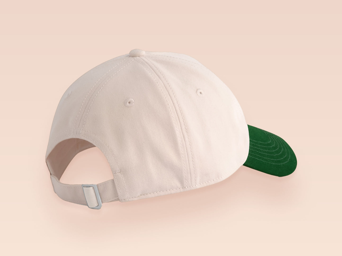 Vintage contrast cream and green peek baseball cap with an embroidered design of a cartoon bird and the quote bird brain.