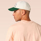 Vintage contrast cream and green peek baseball cap with an embroidered design of a cartoon bird and the quote bird brain.