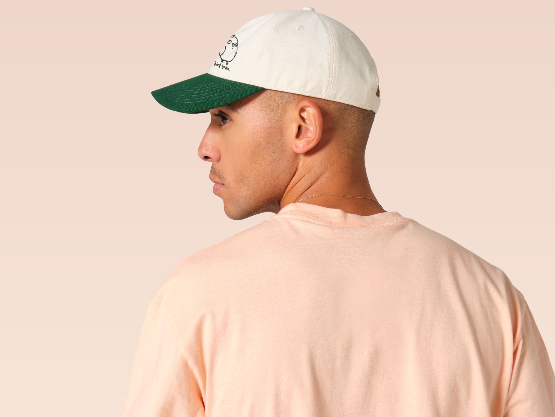 Vintage contrast cream and green peek baseball cap with an embroidered design of a cartoon bird and the quote bird brain.