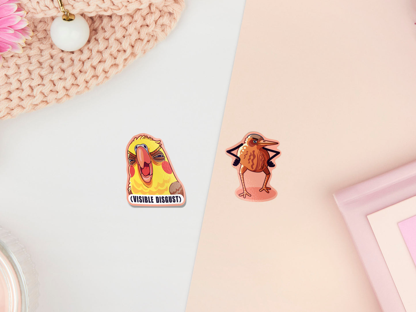 Cute large waterproof gloss vinyl sticker sheet of multiple chibi interent bird memes with funny viral quotes